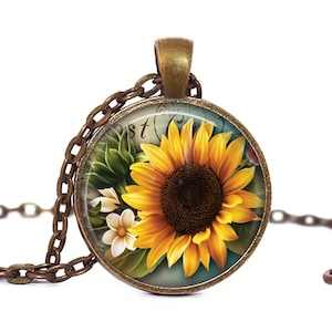 Sunflower Pendant Necklace: Handcrafted Glass Cabochon, Floral Art Jewelry