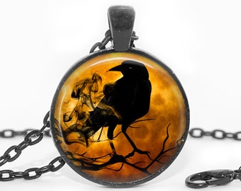 Raven Necklace: Spooky Raven Cabochon Bird Jewelry Gift