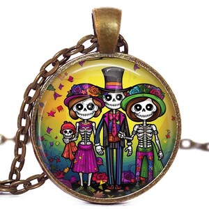 Skeleton Cabochon Pendant Necklace: Spooky Halloween Jewelry Skeleton Family Art