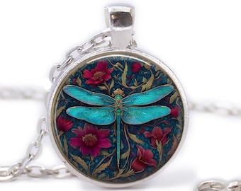 Faux Stained Glass Dragonfly Necklace: Steampunk Cabochon Pendant