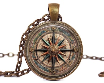 Nautical Compass Wind Rose Glass Art Pendant Necklace NOT REAL COMPASS