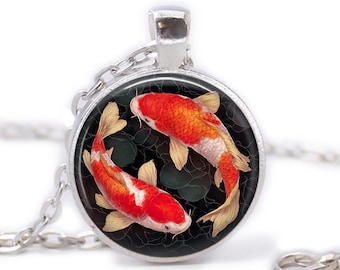Koi Fish Yin Yang Glass Pendant Necklace: Japanese Asian Art
