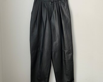 Vintage 80s High Waisted Black Leather Pants - Pleated Trousers