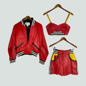 Vintage 80s Red Leather Bomber Jacket: Firenze Santa Monica, Striped Detail