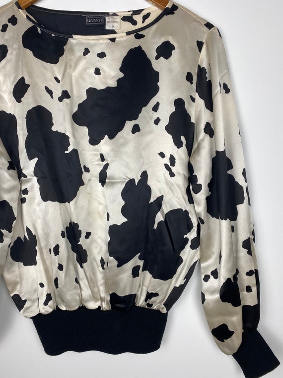 Vintage 80s silk cowprint sweater top, satin long… - image 3