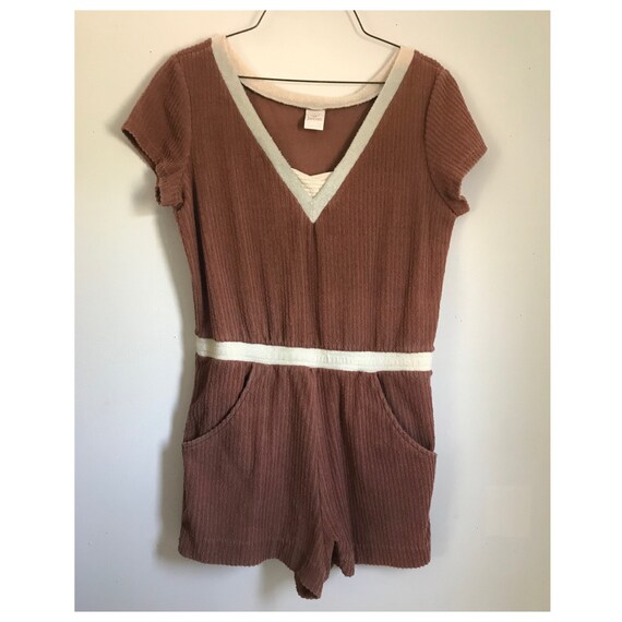 Vintage 70s Brown Terry Cloth Romper, Swimsuit cov