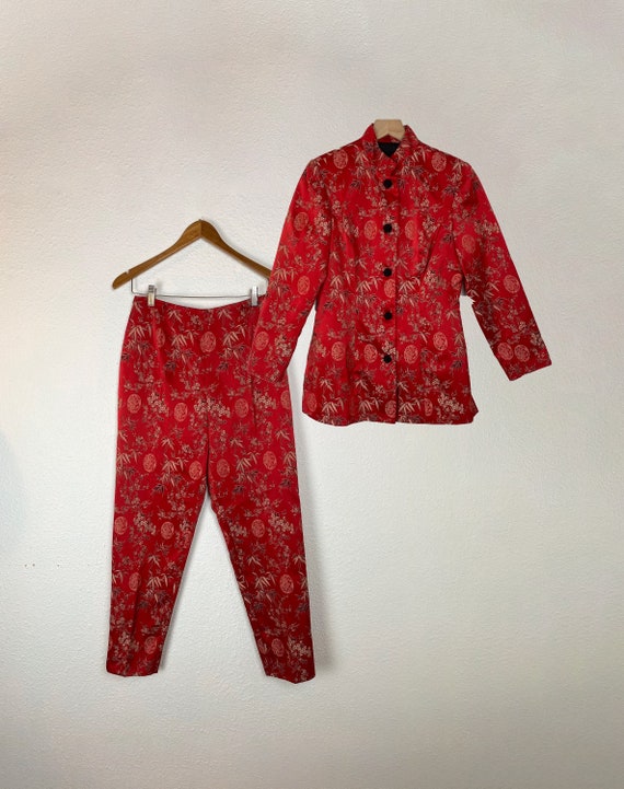 Vintage red Asian Print Pant Suit, jacket, top, o… - image 1