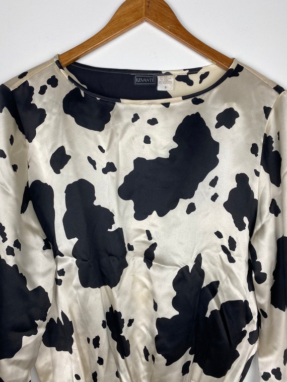 Vintage 80s silk cowprint sweater top, satin long… - image 6