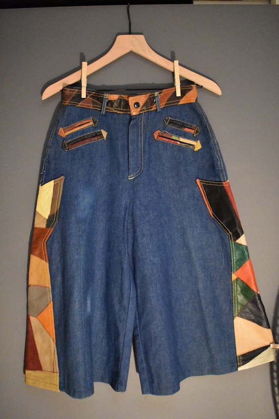 Vintage 1970s Leather Patchwork denim culottes, ga