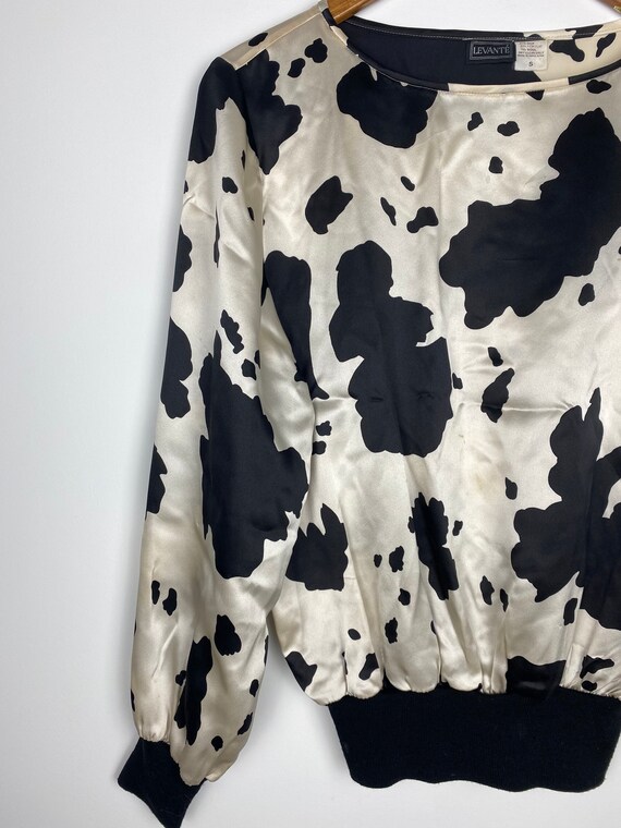 Vintage 80s silk cowprint sweater top, satin long… - image 5