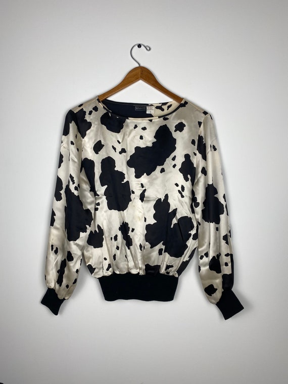 Vintage 80s silk cowprint sweater top, satin long… - image 1