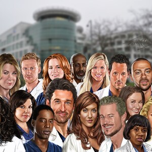 Grey's Anatomy Cast Drawing, Digital Art, TV Show Painting, Poster Print, Instant Download image 2