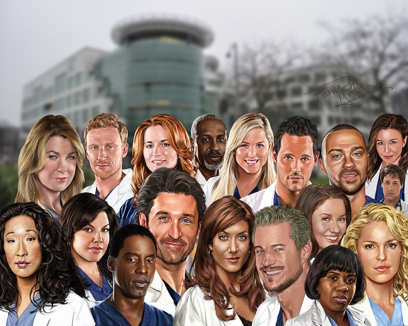 Grey's Anatomy Cast Drawing, Digital Art, TV Show Painting, Poster Print, Instant Download image 2