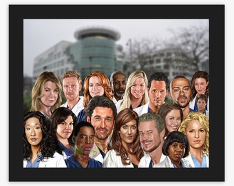 Grey's Anatomy Cast Drawing, Digital Art, TV Show Painting, Poster Print, Instant Download