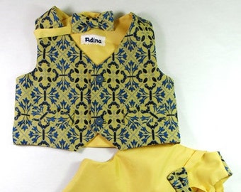 Baby boys yellow and blue waistcoat and bow tie, formal suit wear, for up to 2-3 years old.