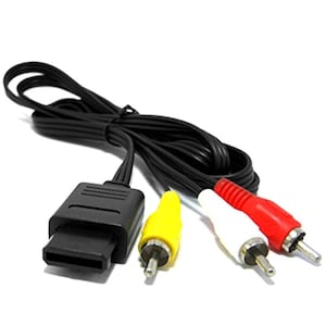 May include: A black AV cable with a black connector on one end and three RCA connectors on the other end. The RCA connectors are yellow, white, and red.