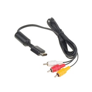 May include: A black AV cable with a PS2 connector on one end and three RCA connectors on the other end. The cable is coiled and the connectors are yellow, red, and white.