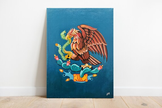 Eagle Painting Mexico Shield Flag, Mexican Art, Home decor, Canvas, Gift