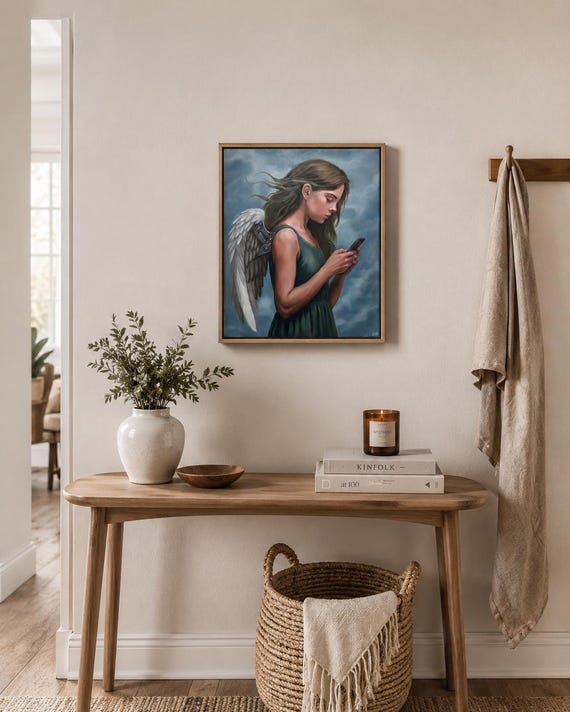 Original Angel With Phone Painting, Surreal Female Portrait Art, Oil Painting