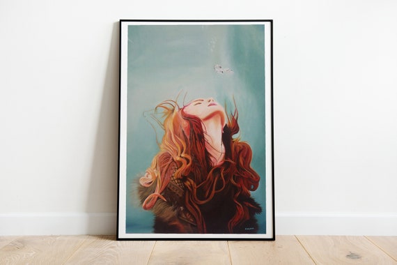 Red hair Woman Art Print, Sea, Ocean, Home decor, Gift