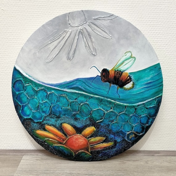 Abstract Circular Bee Painting, Ocean Art, Textured canvas, Home decor, Gift