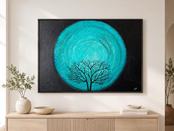 Turquoise Moon Tree Textured Painting - Original Abstract Landscape Wall Art, Canvas, Modern Home Decor