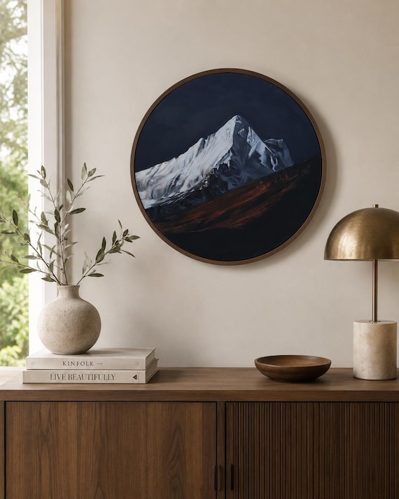 Original Round Mountain Painting on Canvas, Moody Snow Peak Wall Art, Modern Landscape Artwork