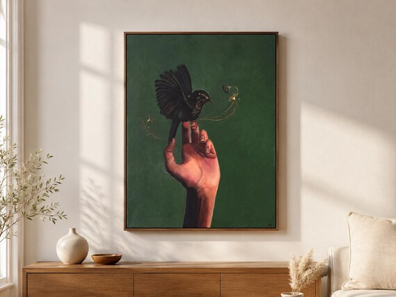 Original Bird Hand Oil Painting, Dark Green Surreal Nature Artwork, Black Bird Wall Art