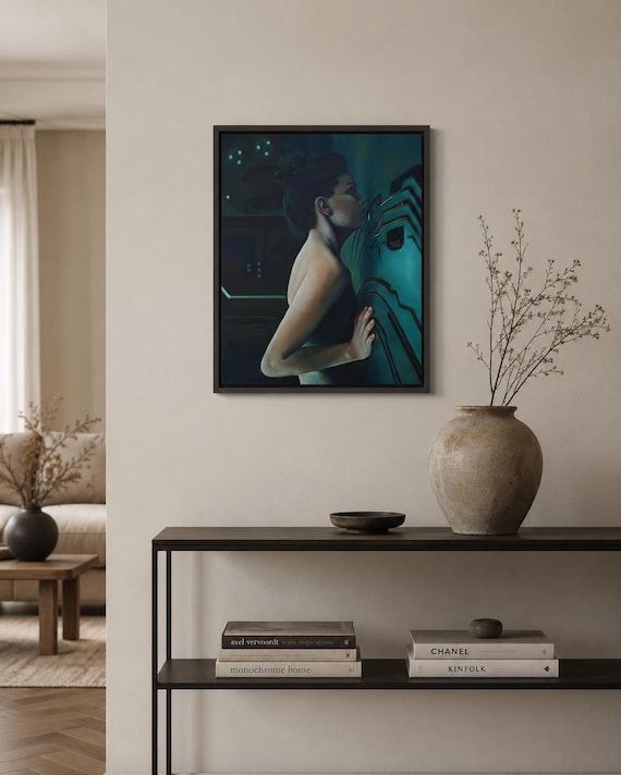 Futuristic Woman Portrait Painting, Original Sci-Fi Figurative Art, Dark Teal Cyberpunk Wall Art