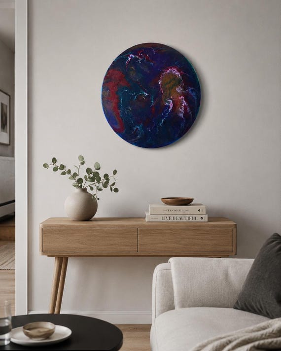 Original Round Abstract Painting, Dark Blue Purple Nebula Artwork, Oil on Canvas