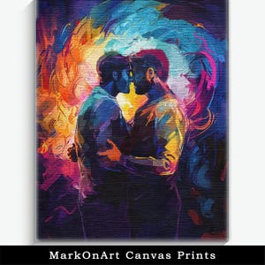 Colorful Men Hugging Canvas Print: Gay Couple Abstract Wall Art