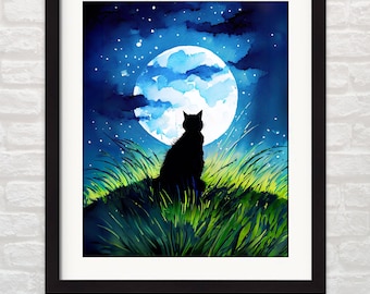 Black Cat Silhouette Print: Moonlit Night Prowl, Full Moon Wall Art