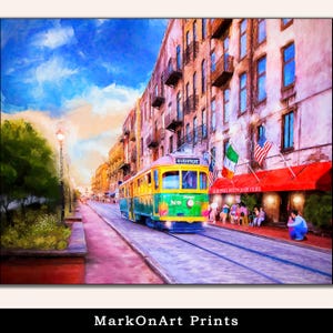 Savannah Georgia Print: River Street in Afternoon Light, Historic Streetcar Wall Art