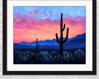 Sonoran Desert Wall Art: Saguaro Cactus Silhouette Print - Arizona Sunset Landscape Wall Decor
