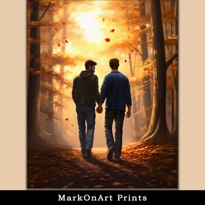 Impresión de pareja gay tomada de la mano - Impresión de hombres gay caminando juntos en un día de otoño - Arte de pared de amor masculino queer - Regalos románticos