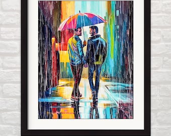 Gay Art Print - Couple Holding Hands: Men Under Umbrella in Rain, Abstract Romantic Wall Art