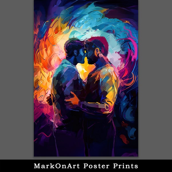 Colorful Gay Couple Embrace Abstract Poster Print - Romantic Gay Male Art -- Gay Men Hugging - About To Kiss