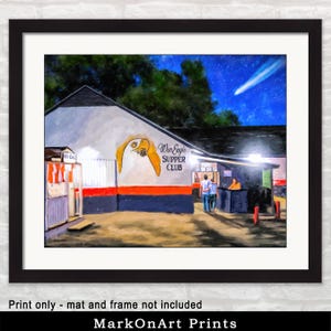 War Eagle Supper Club Print - Auburn, Alabama Landmark Wall Decor - Historic Auburn AL Supper Club Gift - Memorabilia Art. Print is shown with a frame and mat on a wall for a sense of scale and to help you visualize your print in your own space. Actual print is sold unframed but as all sizes offered are standard sizes, framing is simple.