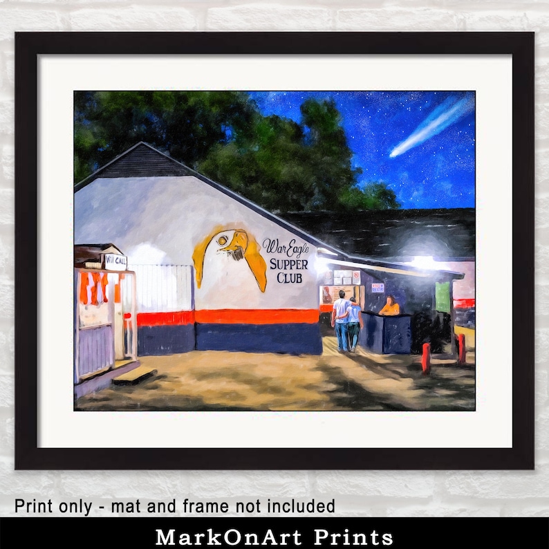 War Eagle Supper Club Print - Auburn, Alabama Landmark Wall Decor - Historic Auburn AL Supper Club Gift - Memorabilia Art. Print is shown with a frame and mat on a wall for a sense of scale and to help you visualize your print in your own space. Actual print is sold unframed but as all sizes offered are standard sizes, framing is simple.