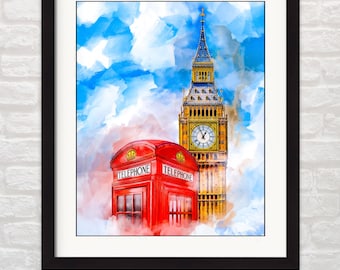 London Print - Big Ben & Red Phone Booth Wall Art: Whimsical Telephone Box, British Decor