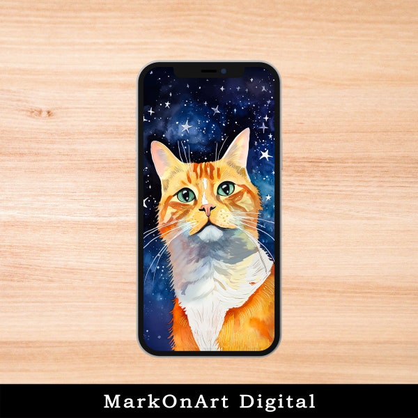 Ginger Tabby Cat And Stars Art For Mobile Phone Wallpaper or Lock Screen | High Res for iPhone or Android Cellphones