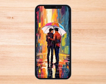 May include: A digital painting of two people standing under an umbrella in the rain. The painting is in a colorful style with a bright yellow background and a blue and white umbrella.