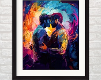 Gay Art Print - Colorful Men Hugging: Romantic Gay Couple, Abstract Queer Wall Art