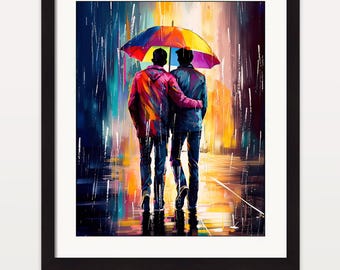 Romantic Gay Couple Print - Male Couple Walking In Rain LGBTQ+ Wall Art - Gay Husband or Boyfriend Gifts - Colorful Gay Male Decor