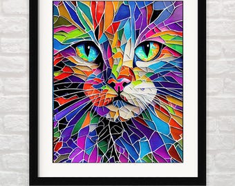 Abstract Geometric Cat Art Print: Quirky Colorful Feline Wall Art