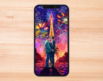 May include: A digital illustration of two people kissing in front of the Eiffel Tower with fireworks in the background.