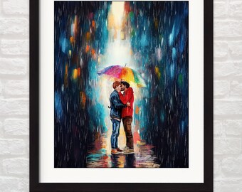 Gay Art Print - Couple Kissing: Romantic Umbrella Scene, Colorful Gay Boyfriend or Husband Gift & Wall Decor