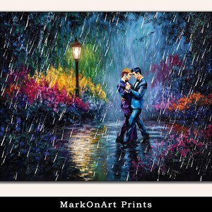 Men Dancing Together Print: Colorful Garden In Rain, Gay Couple Wall Art