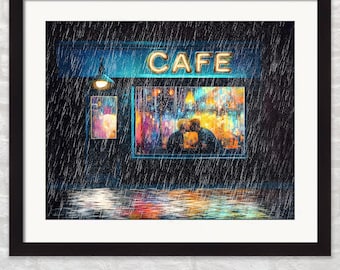 Romantic Gay Art Print: Couple Kissing on Rainy Night - Male Kiss Wall Art for Gay Husband or Boyfriend - Gifts for Gay Men