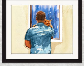 Cat Dad Gifts: Man Holding Contented Orange Tabby Cat Art Print